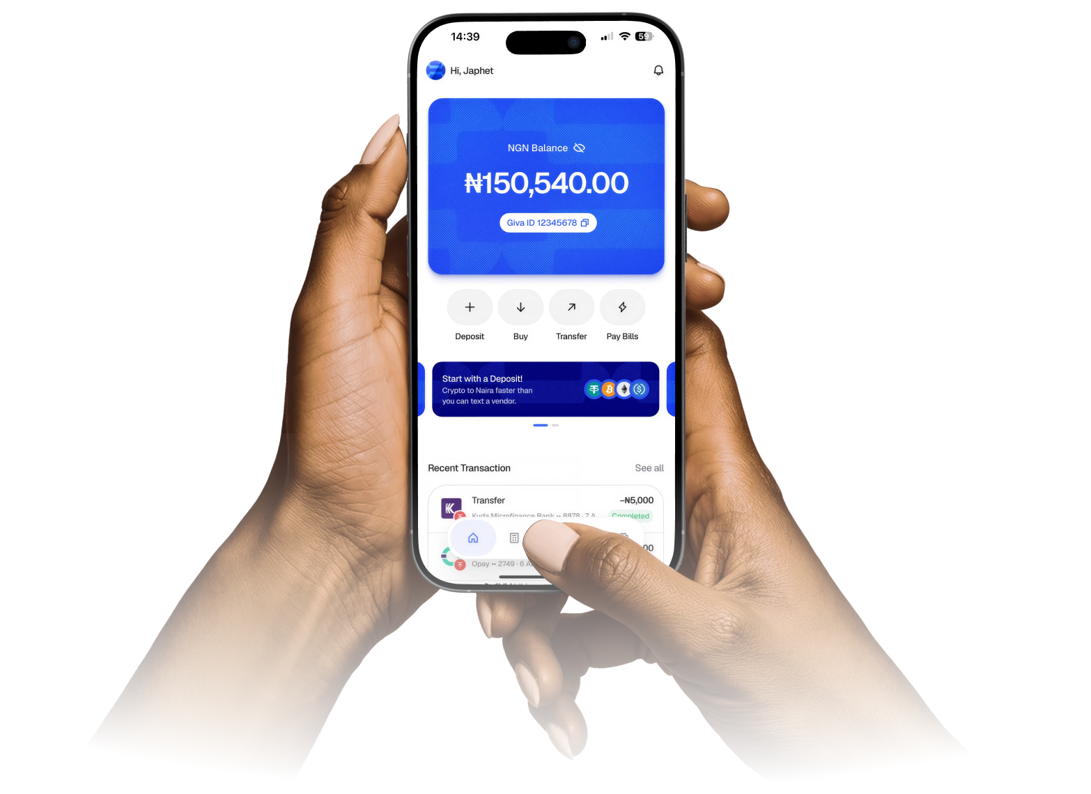 Hands holding a phone showing the Giva app dashboard with a Naira balance