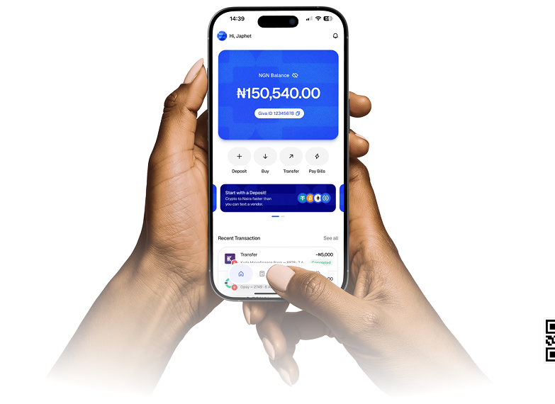 Hands holding a phone showing the Giva app dashboard with a Naira balance