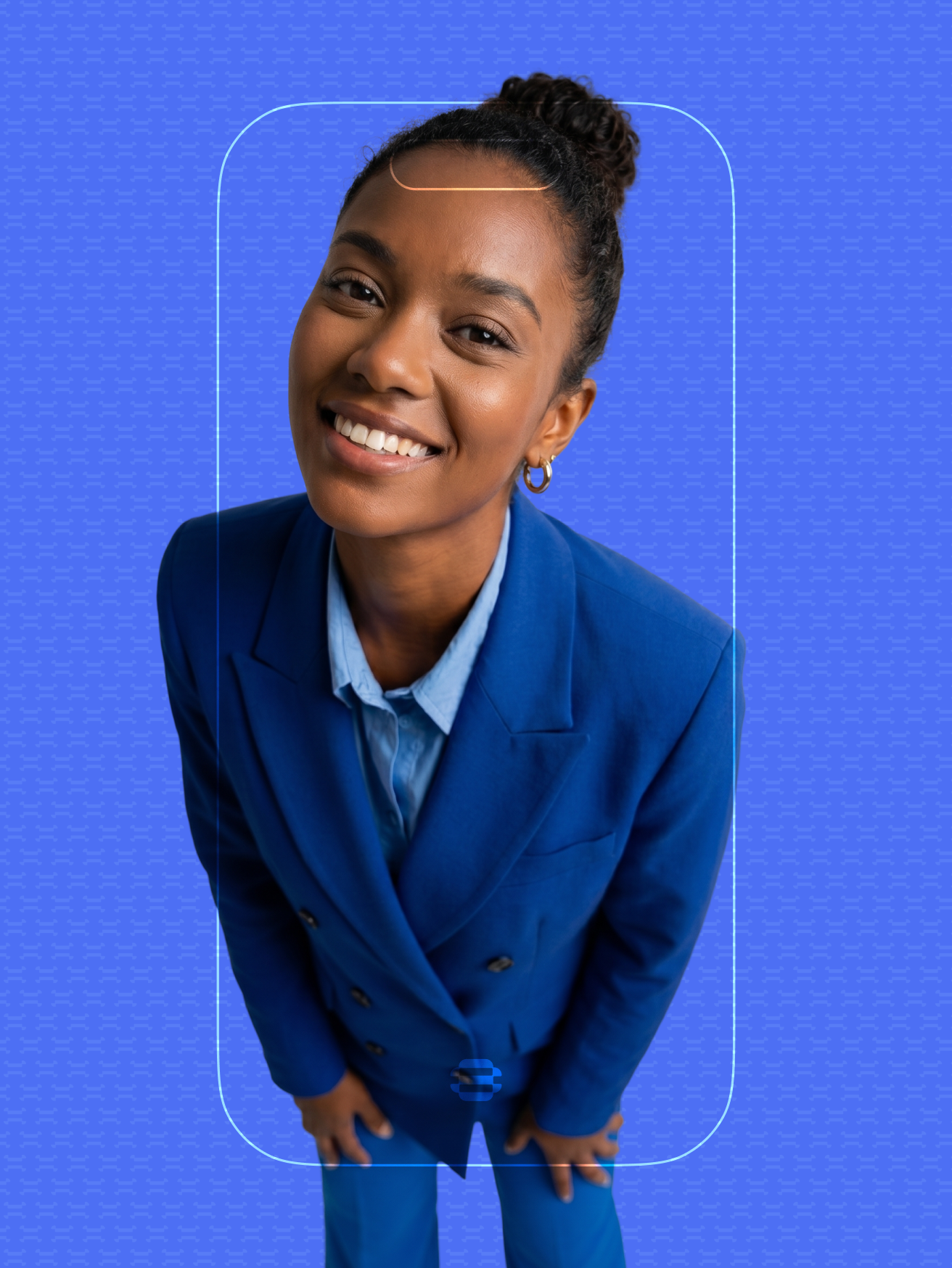 Remote professional in a blue suit smiling